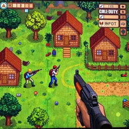 battlefield call of duty in the style of stardew valley, fps game