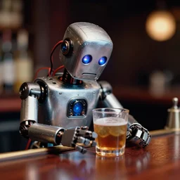 a 2 8 mm macro kodachrome photo of a sad metallic robot with glowing lights and electric wires, getting drunk alone at a bar in the 1 9 5 0's, seen from a distance, bokeh, canon 5 0 mm, cinematic lighting, film, photography, golden hour, depth of field, award - winning