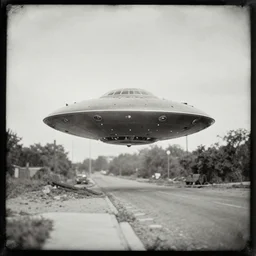 daguerreotype sample photo of an ufo landing in a street