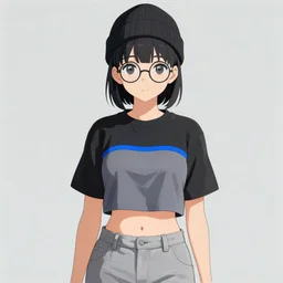 Outfit concept of an anime girl wearing a black grey and blue crop top, rounded eyeglasses, a beanie, and sneakers grey. painted by Simon Stålenhag, high quality