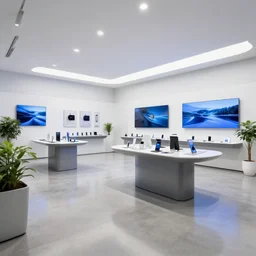 hyperdetailed samsung store, polished concrete, white walls, digital screens, curved furniture, plants.
