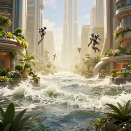 high tides hitting futuristic city, realistic urban view, gardens flood, wave scene, robots floating, blade runner 2 0 4 9, 8 k, unreal engine, artstation, sunny warm colors