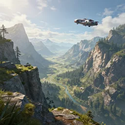 an oil art view from a cliff looking out to a fantasy mountain landscape, flying car overhead, 4 k, ultra detail, volumetric lighting, unreal engine, octane render, tom bagshaw, andreas rocha