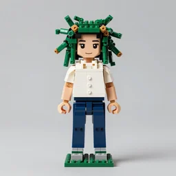 small boy as medusa with legos for hair. studio photography, formal portrait.