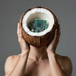man with split coconut as head, in the split coconut are electronic parts, portrait, studio lightning, 8k