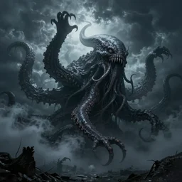 imense tentacles reaching from the sky, leviathan, hp lovecraft, cthulhu emerging from a violent storm, untold horror and nightmarish night, fog, photographic hyper real, octane render