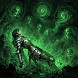side profile, imogen poots, corrupted armor, gloomhaven, luminescent, falling down through a void, haunted green swirling souls, evil inky swirly ripples, sickly green colors, by greg manchess, huang guangjian, gil elvgren, sachin teng, greg rutkowski, jesper ejsing, ilya kuvshinov