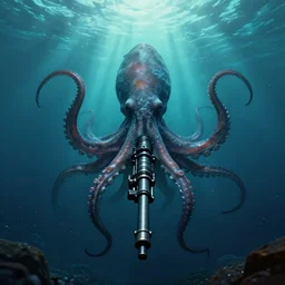 movie frame still from live action lovecraftian whale octopus from the deeps with a machine gun, 8 k, ultra wide angle, symmetric, pincushion lens effect, trending on artstation, zenith view, greg rutkowski, kim jung gi