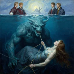 an intense lovecraftian painting of norwegian sea monster draugen beneath the water, a woman holding on to a rope fighting for her life, above the water by by thomas kinkade and greg rutkowski and ilya kuvshinov, masterpiece illustration, ultrarealistic, perfect face and anatomy, golden ratio