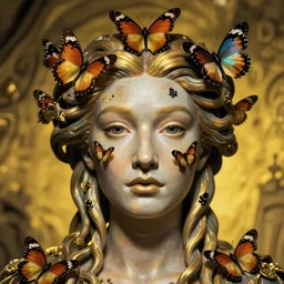 hyperrealistic hyper detailed neo-surreal 35mm portrait of rococo cyborg medusa symmetrically covered in butterflies matte painting concept art hannah yata dali very dramatic yellow lighting low angle hd 8k sharp shallow depth of field