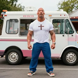 realistic still of potrait of cross between dwayne johnson and an ice cream truck, biomorphic, hybrid, 8 k, 8 5 mm, f. 1 4, beautiful composition,