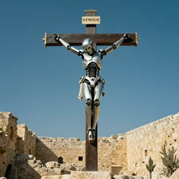 cyberpunk robot crucified on a cross in ancient jerusalem full shot by matthias grunewald