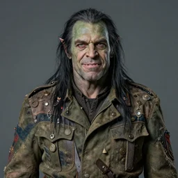 portrait of a middle aged half orc in a dirty patchwork military uniform jacket with cut sleeves and many charms and baubles worked into the fabric, with an upturned collar. grey - green skin with half - long thin black hair. thin fangs showing through his lower jaw with a bemused smile. blueish grey eyes staring intently with a definite intelligence