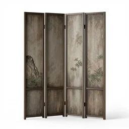 weathered room divider screen, stylized 3d render, isolated on a pure white background, centered, entire object in frame, sharp focus, soft studio lighting