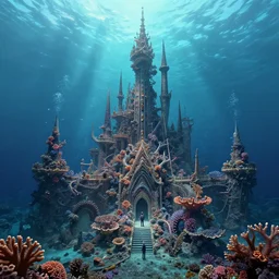style artgerm, joshua middleton, jeremy lipking, a giant underwater castle made of coral, very long spires, water swirling, detailed, ocean background setting, volumetric lighting