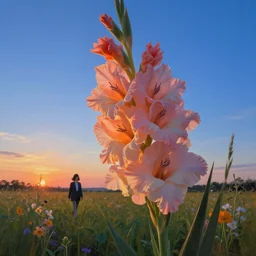 closeup, giant gladiola head, girl in suit walking in field of flowers, surreal photography, sunrise, blue sky, dramatic light, impressionist painting, digital painting, artstation, simon stalenhag