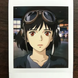 a polaroid film portrait stil of an very sad 1 9 5 0's aviator girl, red eyes, finely detailed features, closeup at the faces, perfect art, in the airport yard, gapmoe yandere grimdark, trending on pixiv fanbox, painted by greg rutkowski makoto shinkai takashi takeuchi studio ghibli, akihiko yoshida,