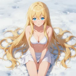 winter picture : a shivering very beautiful grown blond anime girl, extremely long blond hair that covers the ground, extremely long blond hair that covers the ground, extremely long blond hair that covers the ground, extremely long blond hair that covers the ground, detailed sky blue eyes, cute, bikini, white miniskirt, highly detailed, cinematic wallpaper by stanley art