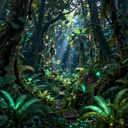 « detailed, low luminosity jungle, far view, luminescent plants »