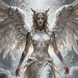 beautiful androgynous fallen angel with tattoos on his body being cast from heavens, intricate, hd, high detailed, 4 k,