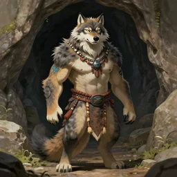burly tough character feature portrait of the anthro male anthropomorphic wolf fursona animal person wearing tribal primitive caveman loincloth outfit full wolf fur body standing in the entrance to the cave, perfect framed character design stylized by charlie bowater, ross tran, artgerm, makoto shinkai, detailed, soft lighting, rendered in octane masterpiece