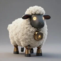 wide - shot fluffy sheep robot, cute electric sheep, steampunk sheep, droid sheep, glowing diods, greg simkins, android jones, rutkowsky, matte painting, render, hyperrealistic, highly detailed, accurate