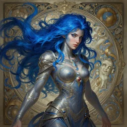 Sona, maven of the strings, flowing blue hair, Mark Edward Fischbach, intricate, highly detailed, digital painting, artstation, concept art, smooth, sharp focus, illustration, Unreal Engine 5, 8K, art by artgerm and greg rutkowski and alphonse mucha