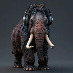 a symmetrical matte portrait of a great woolly mammoth dj with large headphones, dark, brooding, painted, cyberpunk synthwave, ice age ultra - detailed by pixar and disney, well composed, best on artstation, cgsociety, epic, stunning, gorgeous, intricate details, wow, masterpiece