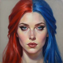 A detailed matte oil on canvas head on symmetrical portrait of a distinguished elven woman with half red and half blue hair (((((makeup))))) and ((((eye shadow)))) by Charlie bowater and lise deharme wlop, trending on artstationhd,  dungeons and dragons art, critical role, split hair dye, half and half dye, two tone dye