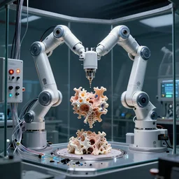 a complex thick bifurcated robotic cnc surgical arm cybernetic symbiosis hybrid mri 3 d printer machine making some organic ceramic fractal forms in a glass living room laboratory room with control panels, glass data cables, broken open hive mind, knobs, camera lens orbs, dramatic 3 point lighting, sci - fi, intricate, elegant, highly detailed larval stage,