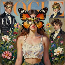 woman with butterfly wings, masquerade ball butterfly mask, vogue magazine, elle magazine, greg rutkowski, gerardo dottori, john singer sargent, anime, trending on artstation, oil painting, intricate, flower garden, crop top