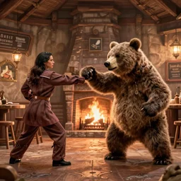 kate beckinsale hitting the bear with punch, in fantasy tavern near fireplace, behind bar deck with bear mugs, medieval dnd, colorfull digital fantasy art, 4k