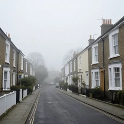 british street in the fog, houses, 2006