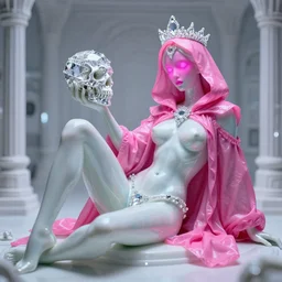photo of fullbodied baroque and bladerunner delicate neon diamond sculpture of seductive ceramic albino marble prince andres sanjuan bem dotado mint iridescent humanoid deity wearing pink plastic trashbag hooded cloak holding diamond skull in a white alien dungeon, reclining con las piernas abiertas, glowing magenta face, crown of white diamonds, cinematic lighting, photorealistic, octane render 8 k depth of field 3 d