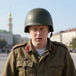 boris johnson with military helmet on in kyiv, realistic, wide shot, sunny lighting, octane render, gq magazine, hyper realistic, high quality, highly detailed, hd, beautiful, cinematic, 8 k, unreal engine, facial accuracy,