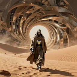 a cyborg dressed in a large cloak walking through a dangerous desert made, close up, in the center, centered, intrincate by moebius, jean giraud & kilian eng moebius style