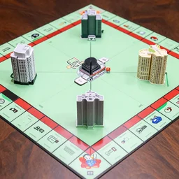 2. 5 d perspective view, plastic buildings on monopoly board, resemble real buildings
