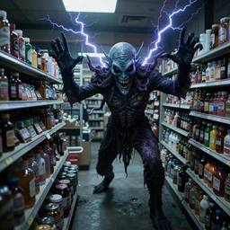 surveillance footage of cthulhu breaking into a store, horror lightning