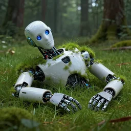 a robot laying in the forest,grass is growing on him,digital art,ultra realistic,ultra detailed,art by greg rutkowski,professional lighting,detailed face,hyperdetailes,photorealistic,dramatic