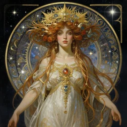 epic portrait an space star goddess, intricate, full frontal shot, highly detailed, digital painting, artstation, concept art, sharp focus, illustration, art by artgerm and greg rutkowski and alphonse mucha