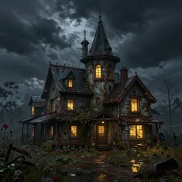 A beautiful deserted post apocalyptic town, old rusty shacks with warm yellow lights in the windows, night, rain, dark clouds, natural volumetric lighting, realistic 4k octane beautifully detailed render, 4k post-processing, highly detailed, intricate complexity, epic composition, magical atmosphere, cinematic lighting, masterpiece