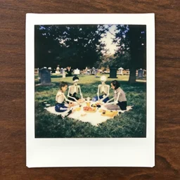 old polaroid of a skeleton family doing a picnic in the cemetery