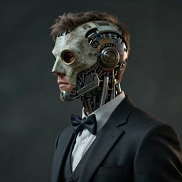 a rugged young engineer man with cybernetic enhancements wearing a suit and bowtie, detailed mask, scifi character portrait by greg rutkowski, esuthio, craig mullins, 1 / 4 headshot, cinematic lighting, dystopian scifi gear, gloomy, profile picture, mechanical, half robot, implants, steampunk