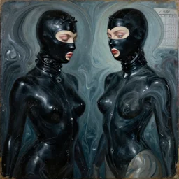 two beautiful female bodies carved sculptures melting, abstract oil painting, pseudofigurative beautiful marbling acrylic fluid portrait, renaissance painting by michaelangelo, matte fresco, black latex female balaclava, female calendar, ballerina body covered with black latex, underwater, concept art, melting glass, close up portrait, cinematic still, film still, kandinski, fashion portrait, black colors, sketch