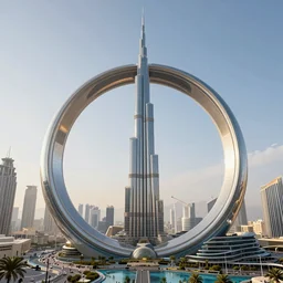 a giant ring surrounds burj khalifa 5 5 0 meters above ground in stunning new concept design in a scenic environment by artgerm, and hildebrandt, trending on artstation, concept art, sharp focus, illustration