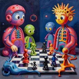 an extremely high quality hd surrealism painting of a 4 d perspective neon complimentary - colors cartoon surrealism melting sculpture gallery of zaha hadid biological anatomical chess players by a much more skilled version of kandinskypicasso and salvia dali the fourth, salvador dali's much much much much more talented painter cousin, 8 k, ultra realistic, nerves, veins, arteries, 4 k