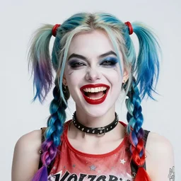double long braids blue, no makeup, tane skin tone, evil harley quinn, insane crazy laugh, portrait shinkai makoto artgerm rossdraws james jean marc simonetti highly detailed intricate matte sharp focus digital painting artstation pixiv