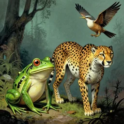 alien frog, cheetah, and bird. strange anatomy. pulp sci - fi art.