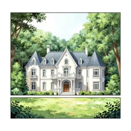 a manga panel of a mansion inside a forest