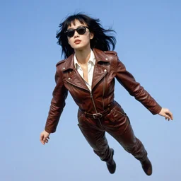 ektachrome, telephoto, highly detailed : incredibly realistic, youthful asian demure floating in the sky, ray - bans, exquisite features, feminine cut, photo 1 9 8 0 s frontiers in flight leather suit cosplay fashion, boris vallejo, terry richardson